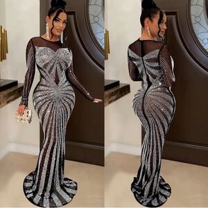 NWT "Sheer-On-Stone" Elegant Black and Silver Stoned Evening Gown Size M